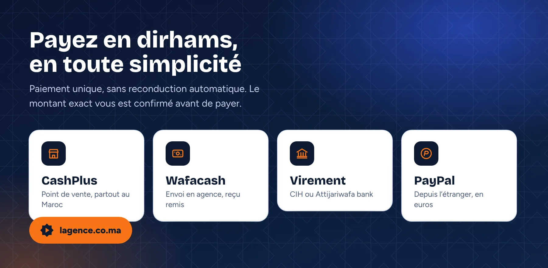 Moyens de paiement pour l'IPTV Maroc : CashPlus, Wafacash, virement CIH ou Attijariwafa bank et PayPal, en dirhams